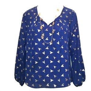 Humming bird longsleeve navy metallic flowy blouse Jennie & Marlis fits medium